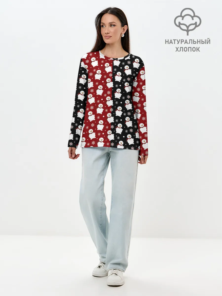 Лонгслив женский. Хлопок / Снеговики, снежинки и снег