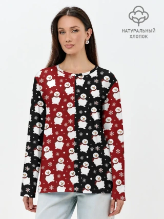 Лонгслив женский. Хлопок / Снеговики, снежинки и снег