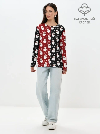 Лонгслив женский. Хлопок / Снеговики, снежинки и снег