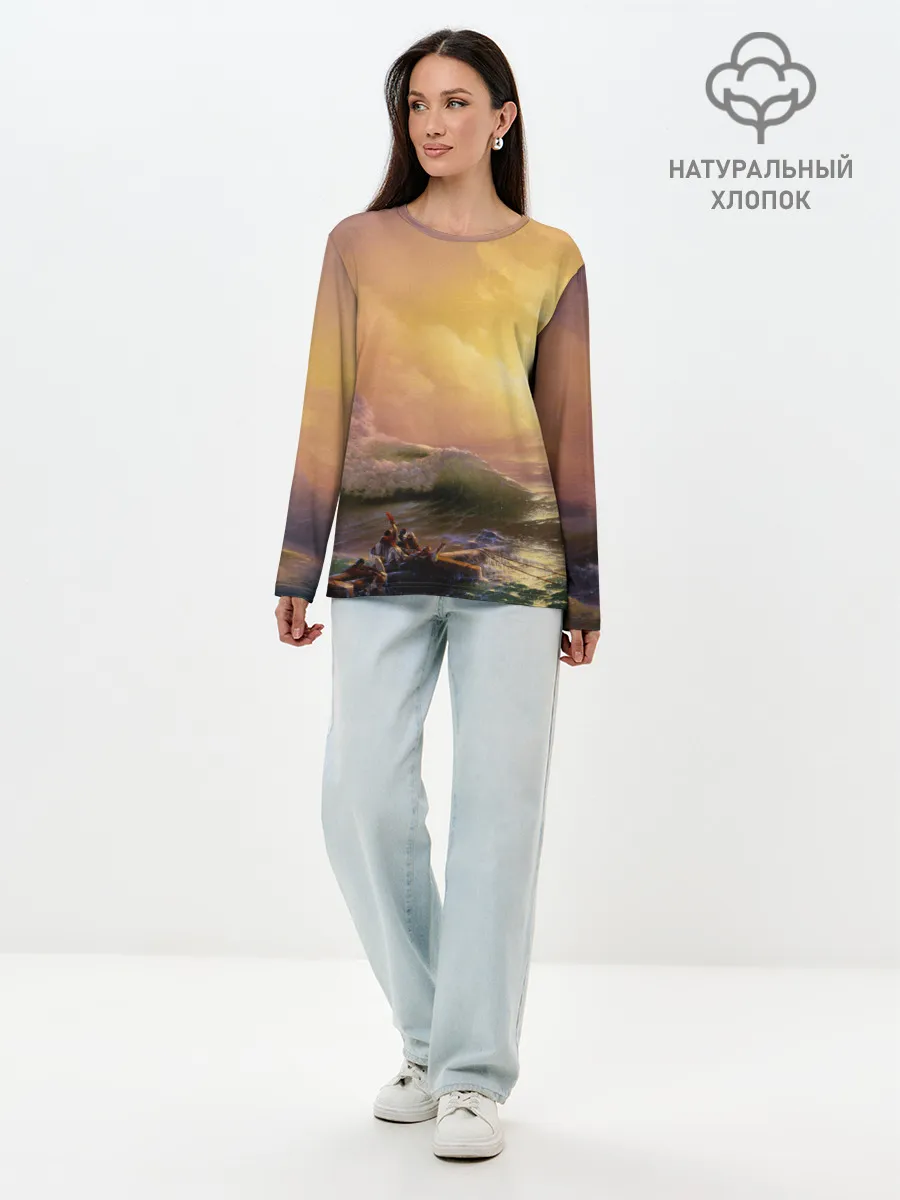 Лонгслив женский. Хлопок / Шторм в море девятый вал