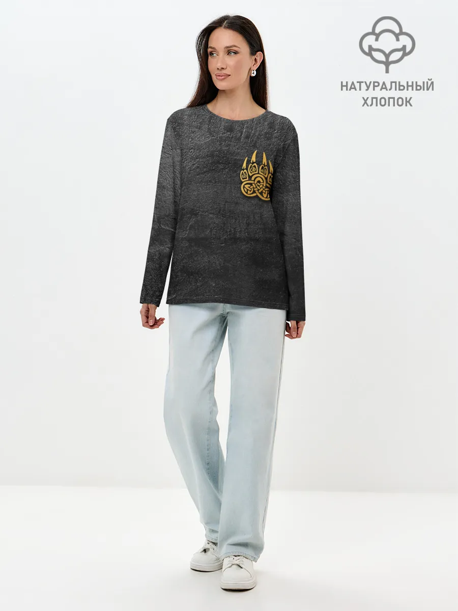 Лонгслив женский. Хлопок / Волчий отпечаток золотом | Символ Велеса