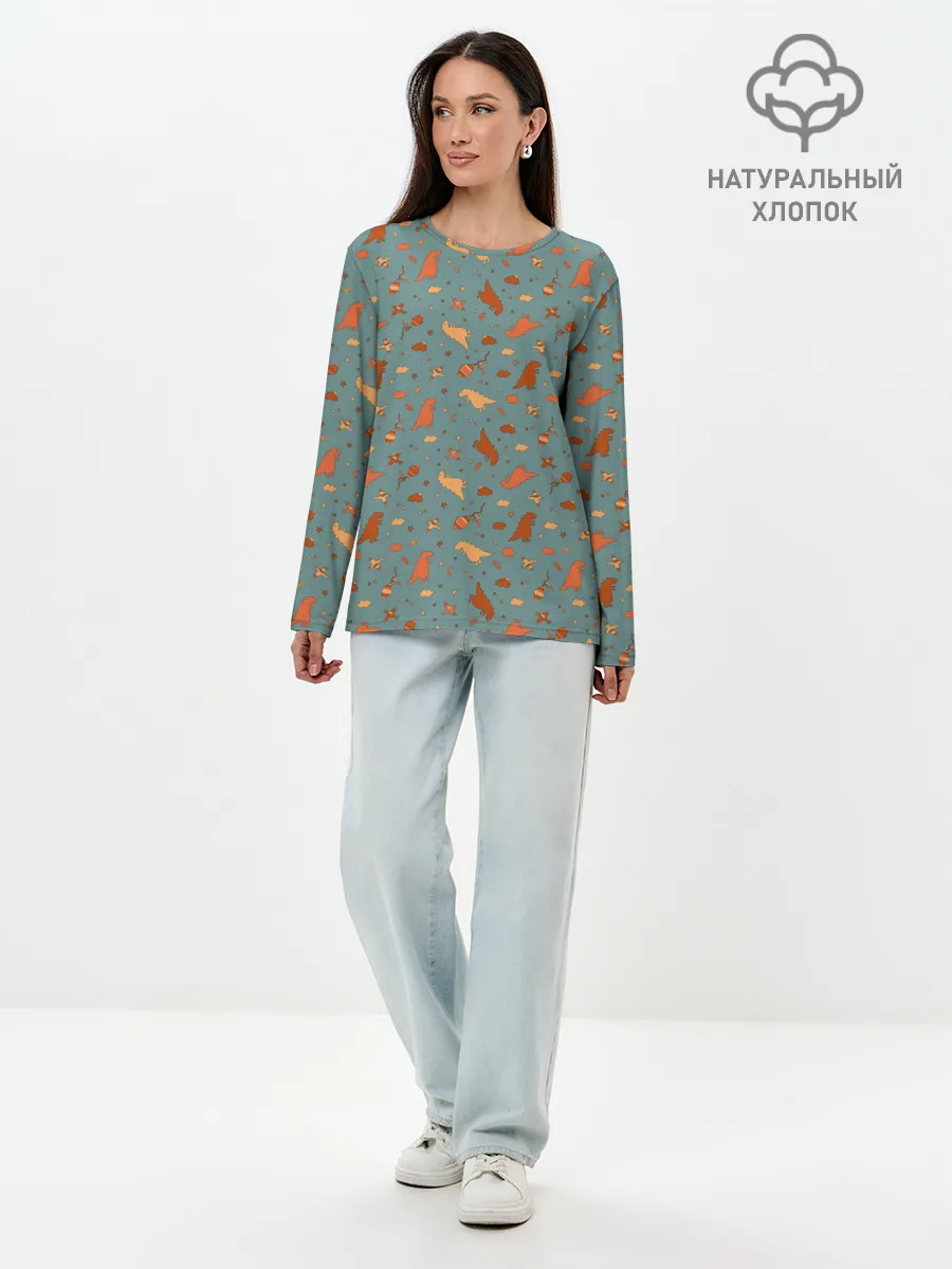 Лонгслив женский. Хлопок / детский принт с динозаврами и звездами