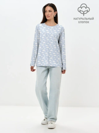 Лонгслив женский. Хлопок / Принт с облаками