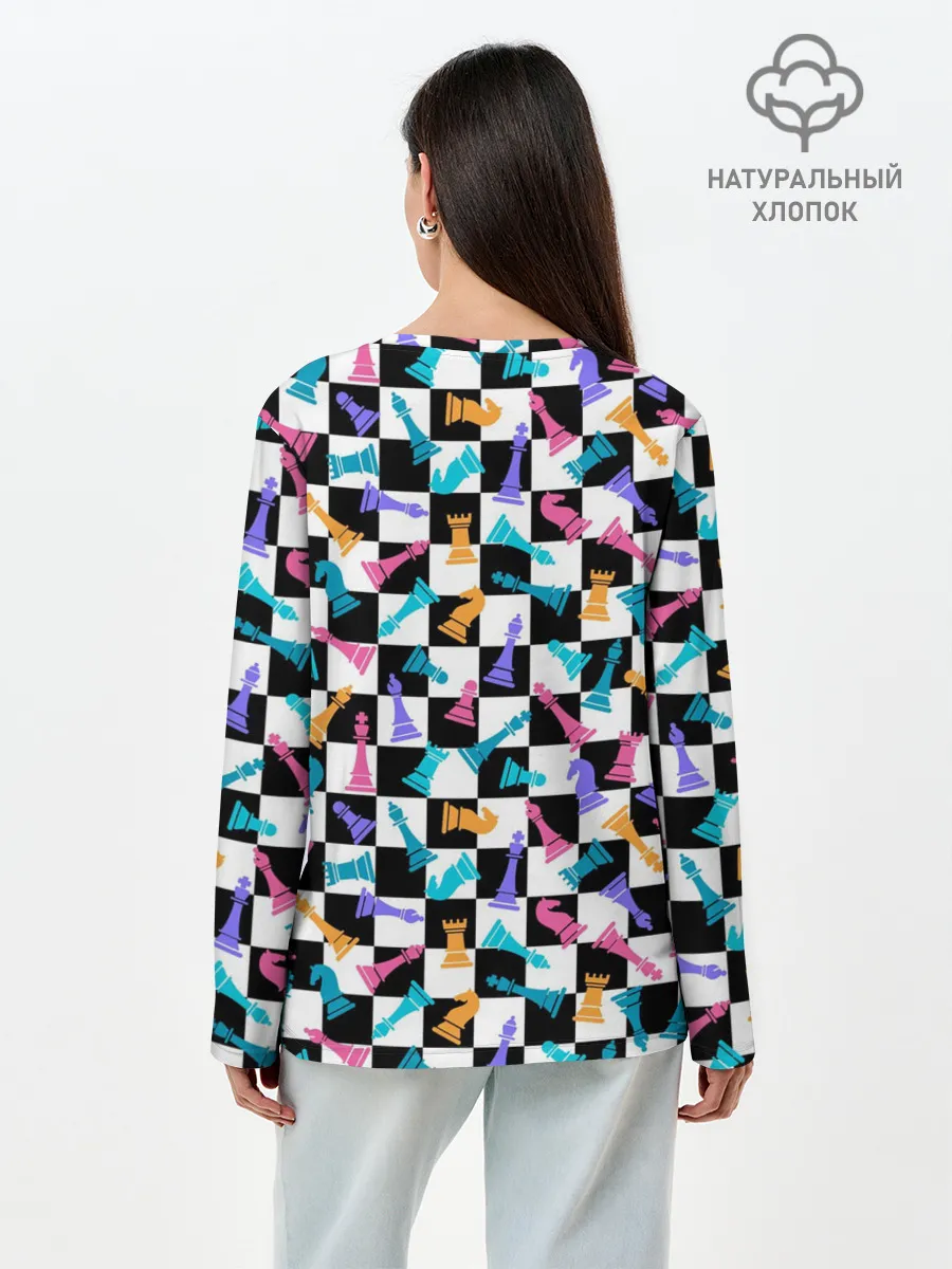 Лонгслив женский. Хлопок / Разноцветные Шахматные Фигуры