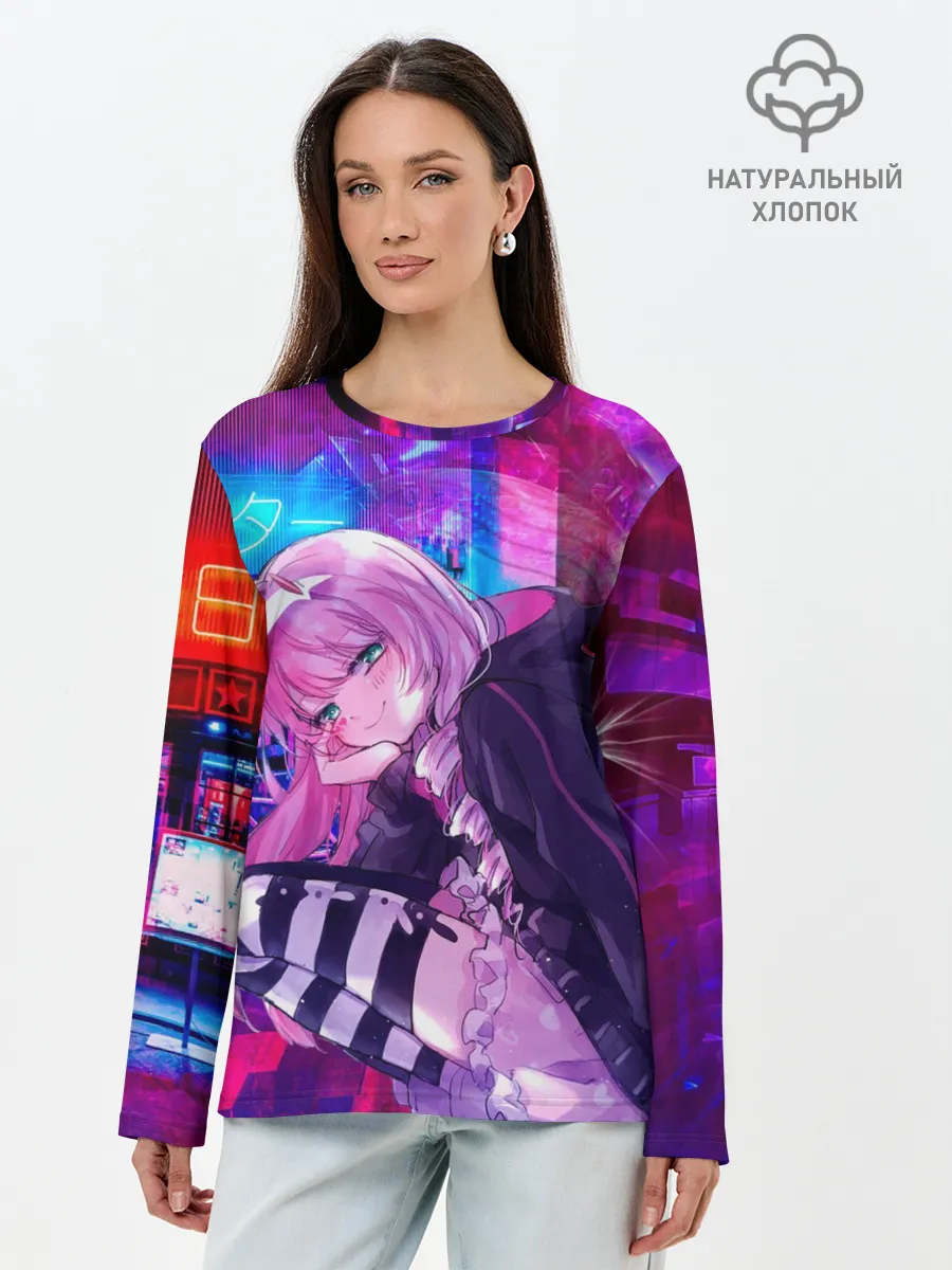 Лонгслив женский. Хлопок / Zero Two в неоновом городе
