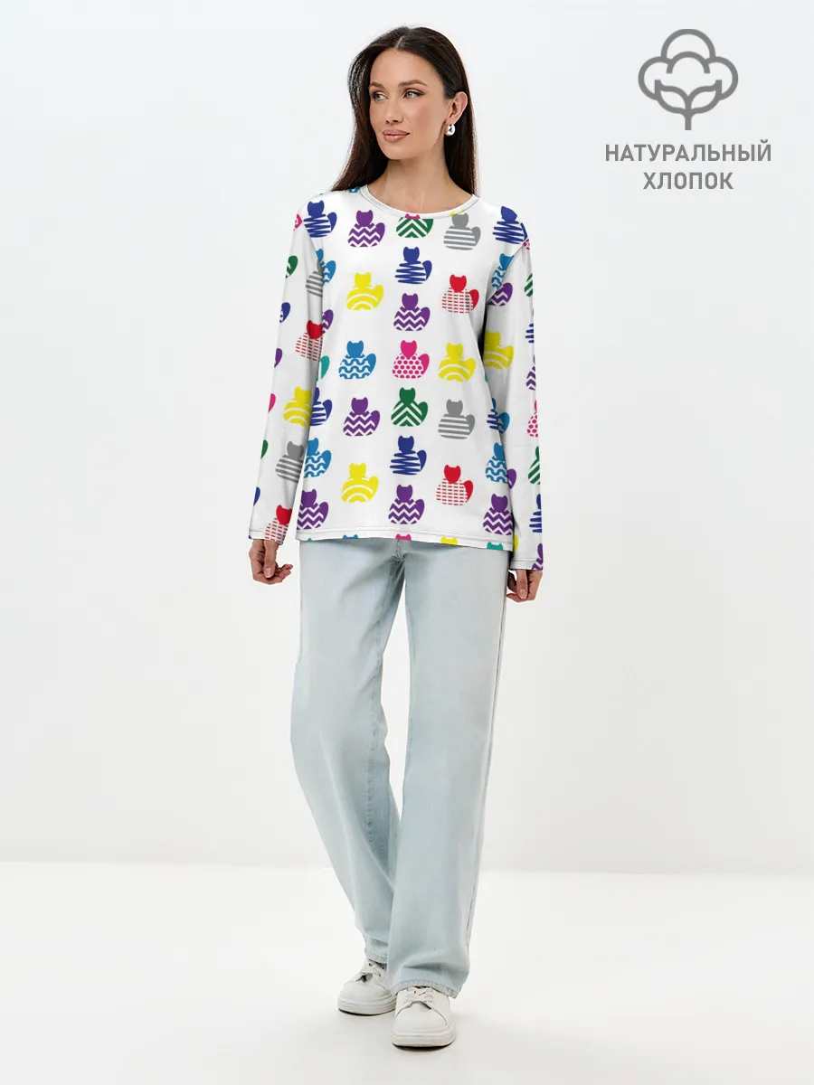 Лонгслив женский. Хлопок / Узор из котов