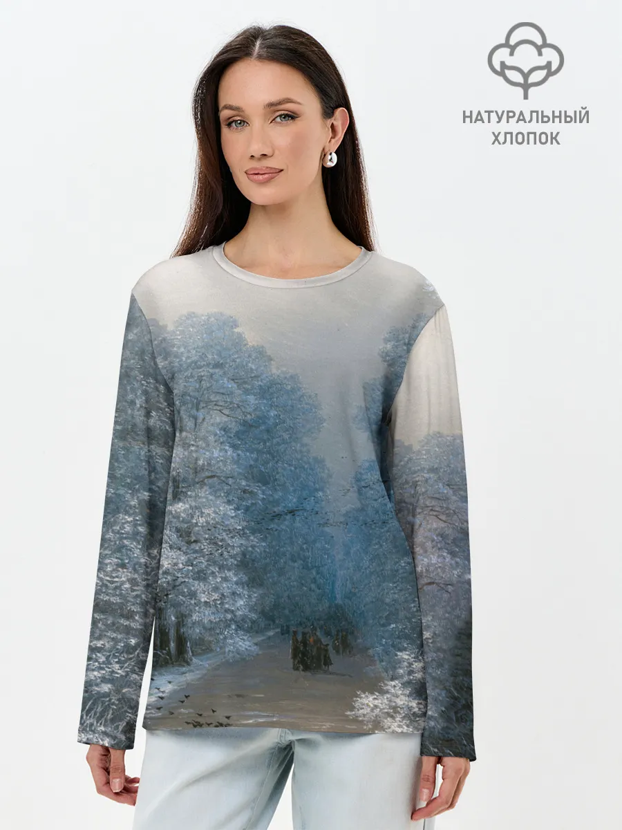 Лонгслив женский. Хлопок / Зимний пейзаж картина маслом