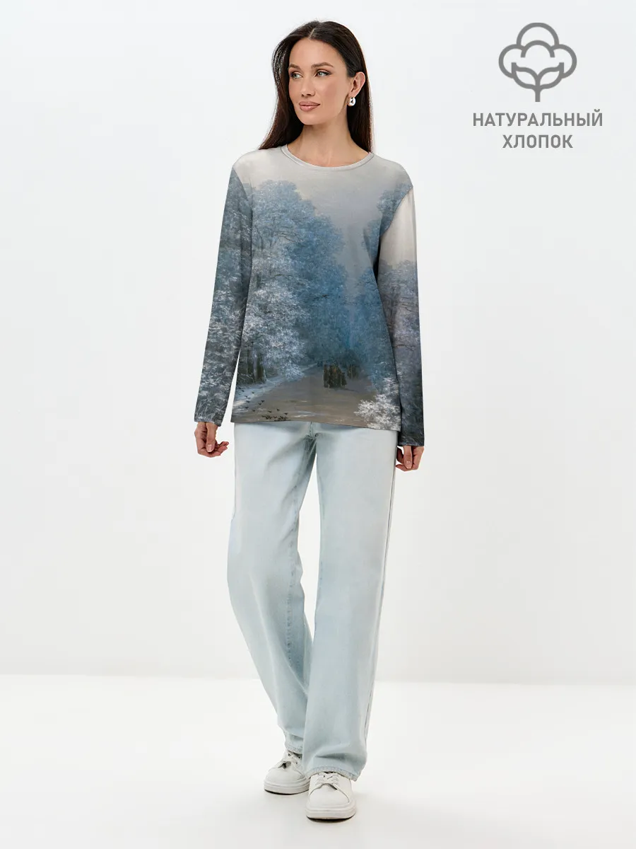 Лонгслив женский. Хлопок / Зимний пейзаж картина маслом