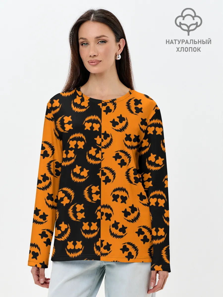Лонгслив женский. Хлопок / УЛЫБКА ТЫКВЫ / ХЕЛЛОУИН