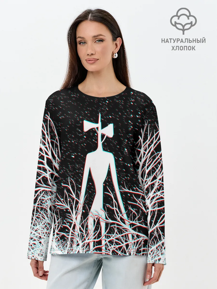 Лонгслив женский. Хлопок / СИРЕНОГОЛОВЫЙ ГЛИТЧ ЛЕС, КОСМОС
