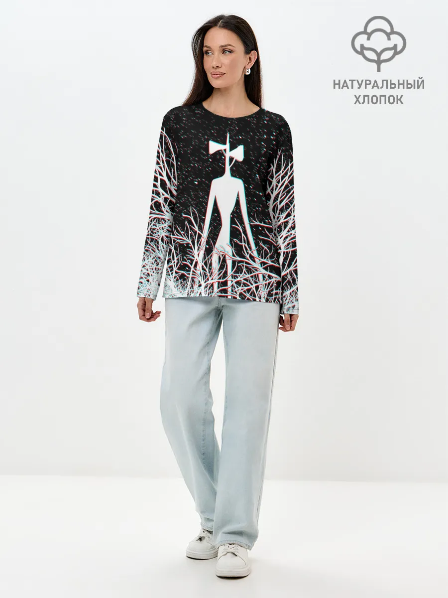 Лонгслив женский. Хлопок / СИРЕНОГОЛОВЫЙ ГЛИТЧ ЛЕС, КОСМОС