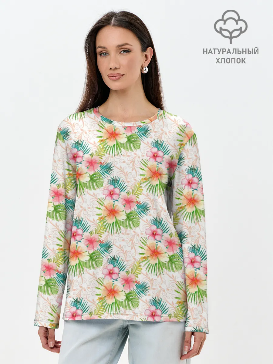 Лонгслив женский. Хлопок / Гавайские цветы
