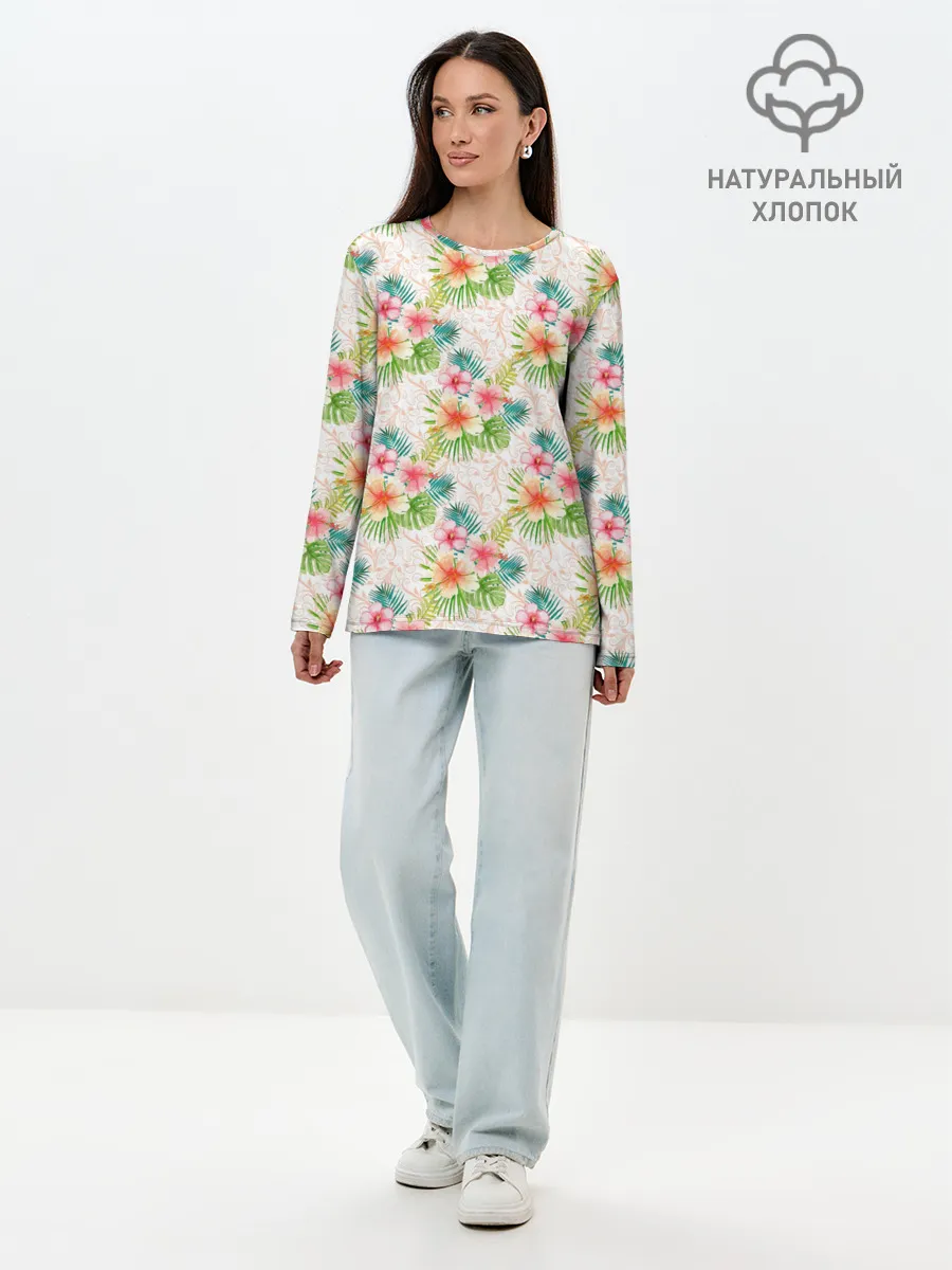 Лонгслив женский. Хлопок / Гавайские цветы