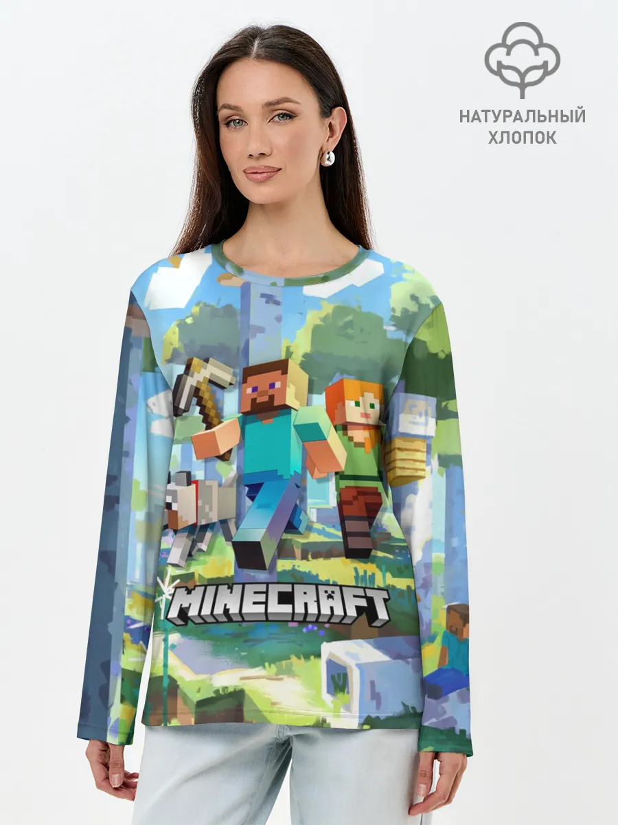 Лонгслив женский. Хлопок / Манйкрафт, березовый лес