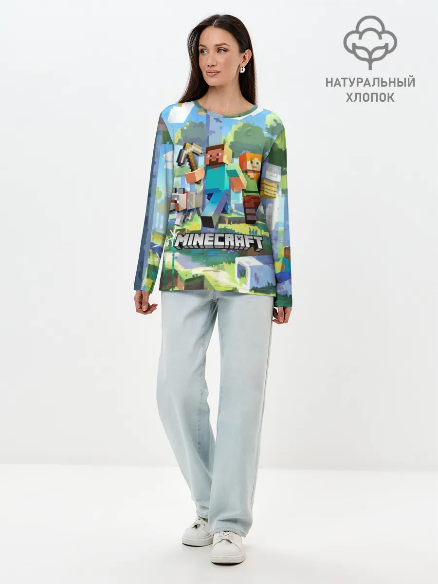 Лонгслив женский. Хлопок / Манйкрафт, березовый лес