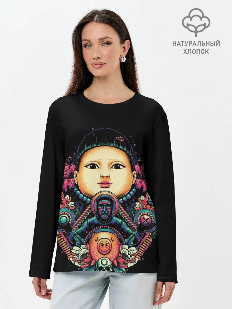Лонгслив женский. Хлопок / Игра в кальмара Кукла маски черепа