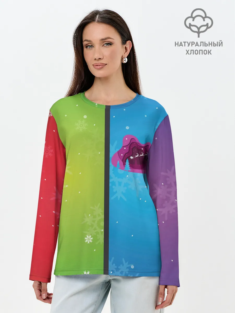 Лонгслив женский. Хлопок / Цветное рождество Snowflake