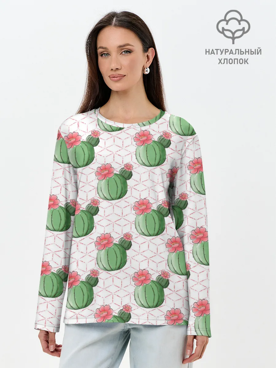 Лонгслив женский. Хлопок / Паттерн из кактусов
