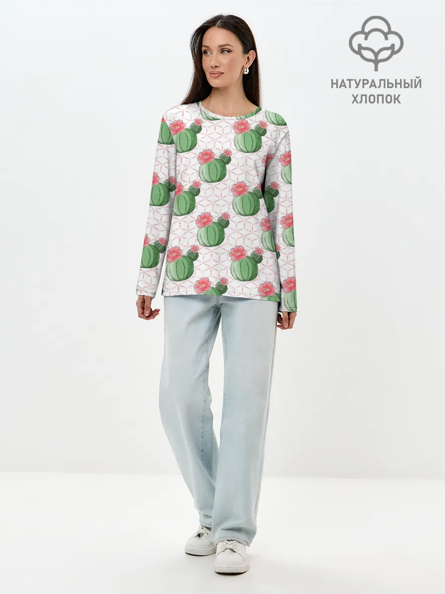 Лонгслив женский. Хлопок / Паттерн из кактусов