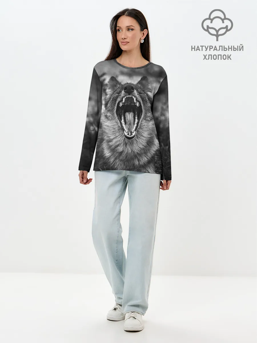 Лонгслив женский. Хлопок / Волчья пасть, зевает