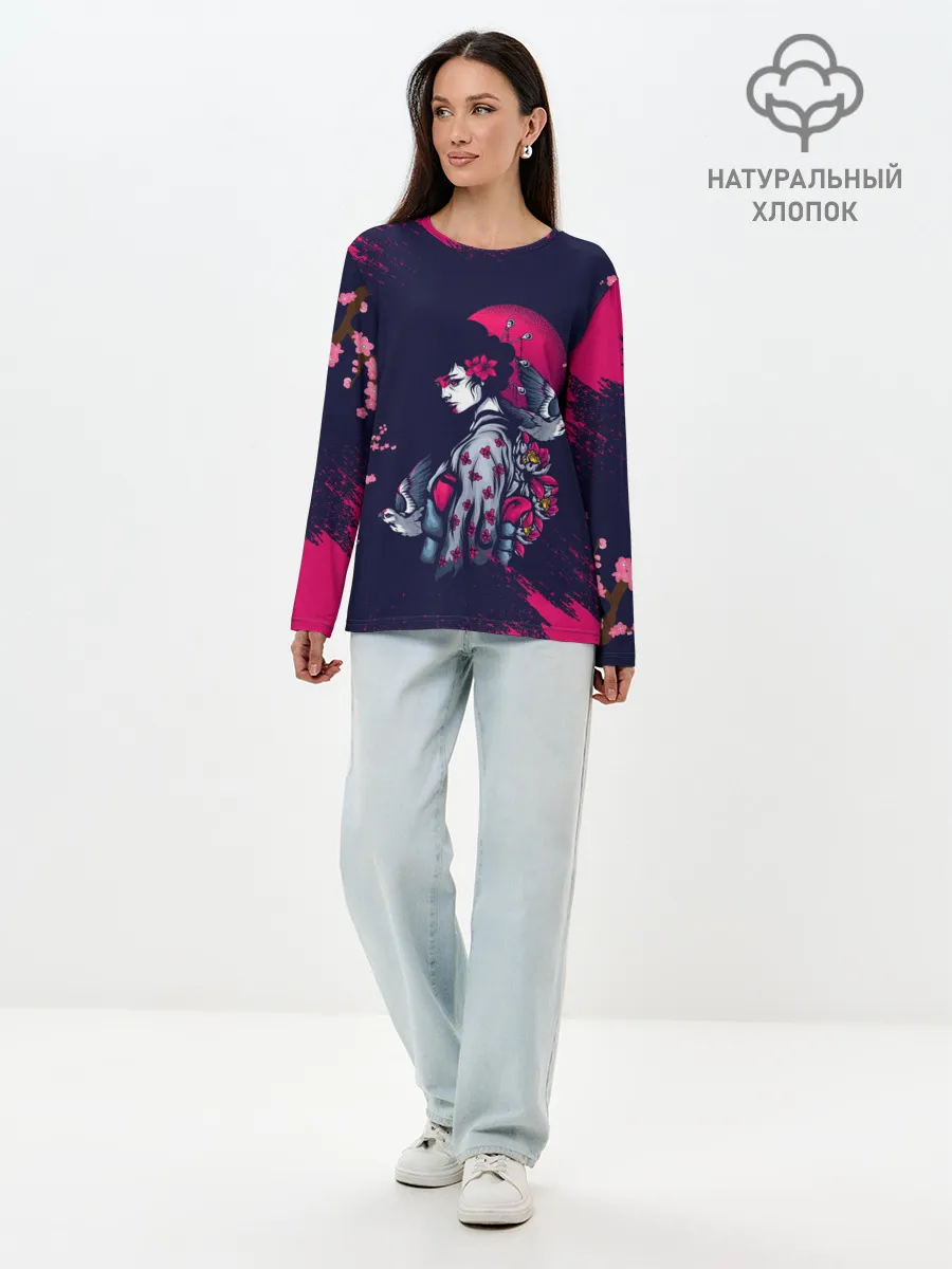 Лонгслив женский. Хлопок / ДЕВУШКА В КИМОНО И ПТИЦАМИ