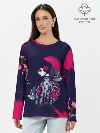 Лонгслив женский. Хлопок / ДЕВУШКА В КИМОНО И ПТИЦАМИ