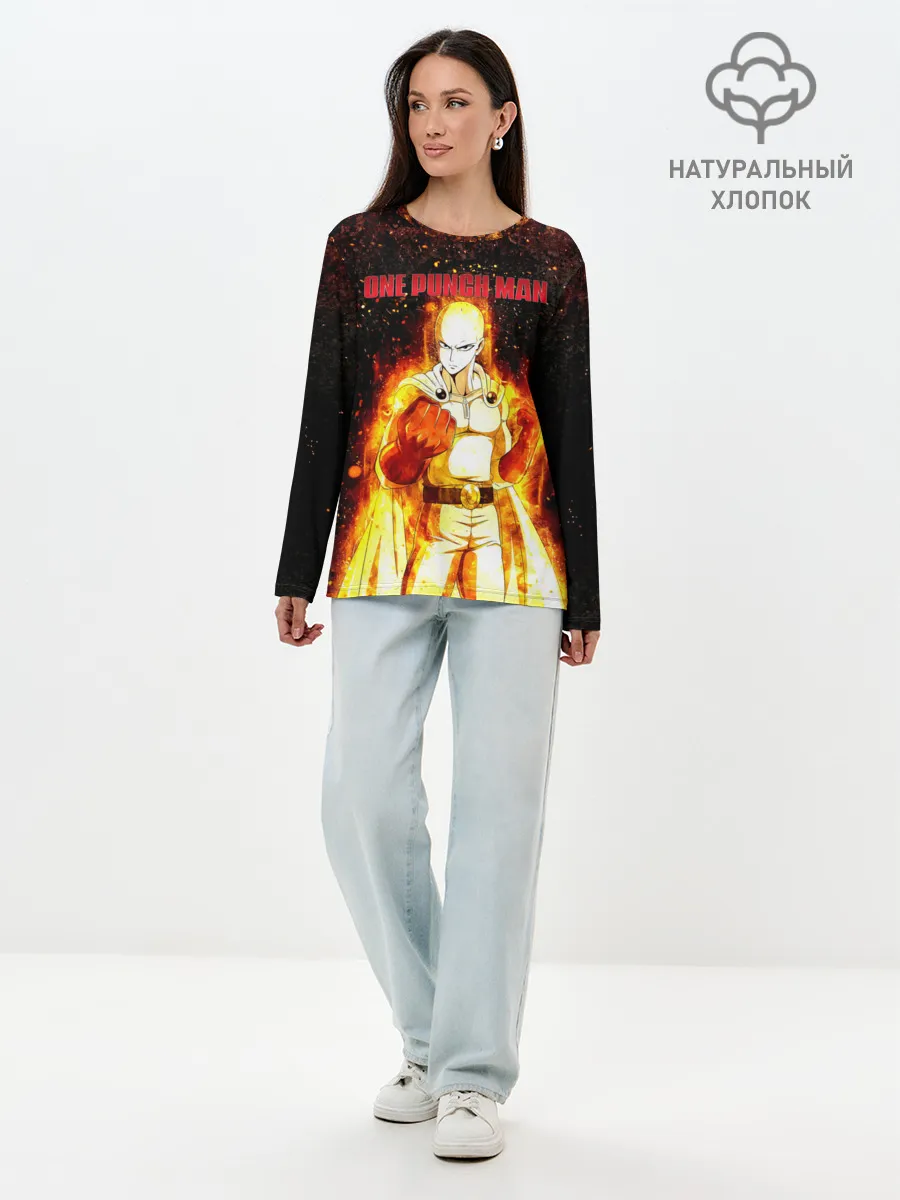 Лонгслив женский. Хлопок / Сайтама в огне | One Punch-Man
