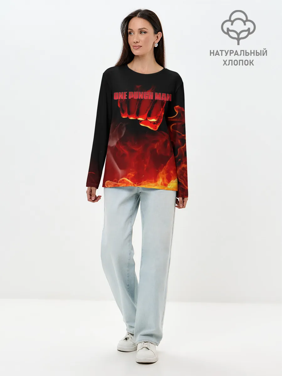 Лонгслив женский. Хлопок / Кулак One Punch-Man в огне