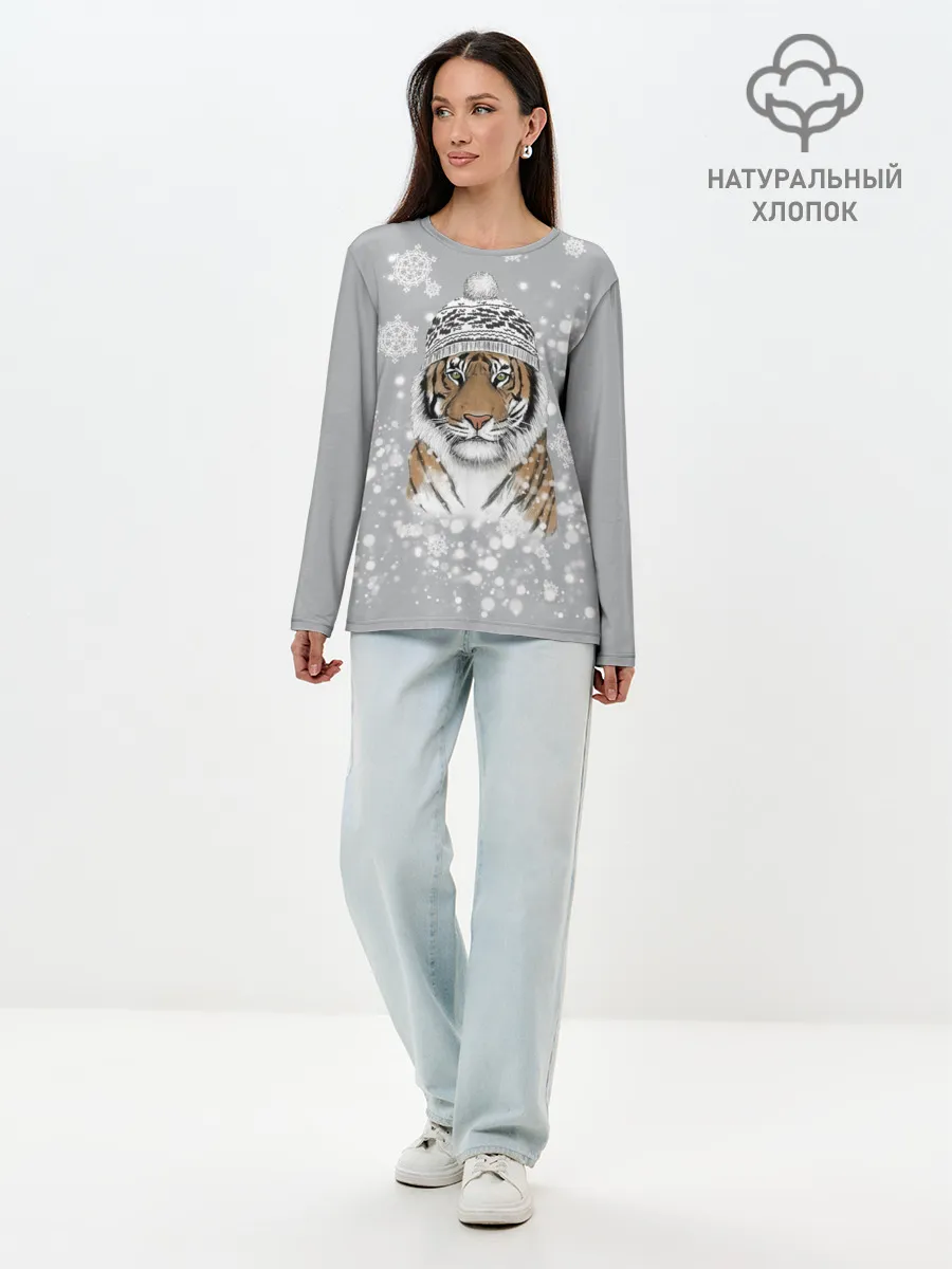 Лонгслив женский. Хлопок / Снежный тигр