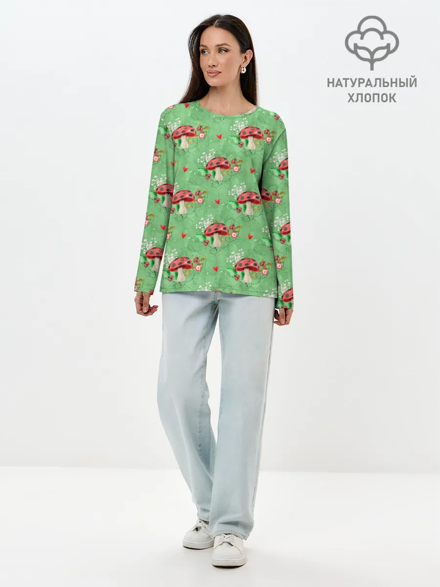 Лонгслив женский. Хлопок / Грибы Мухоморы паттерн