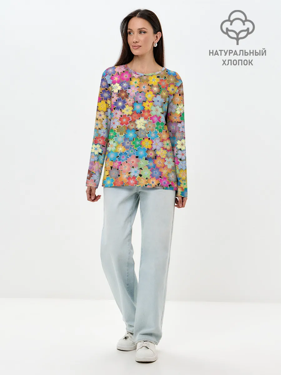 Лонгслив женский. Хлопок / цветы цветочки