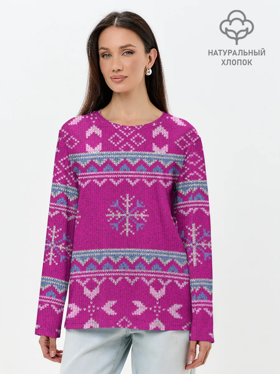 Лонгслив женский. Хлопок / Свитер со снежинками.