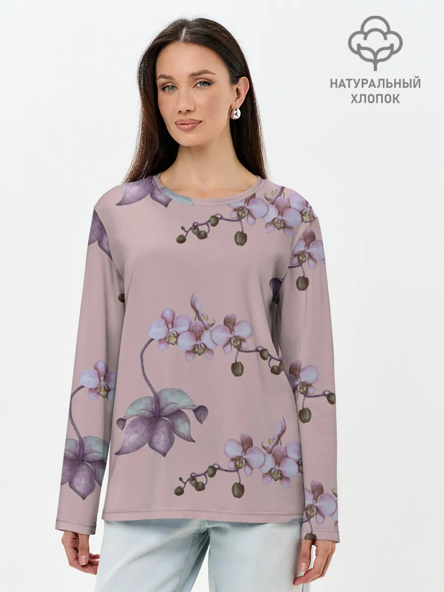 Лонгслив женский. Хлопок / Розовые орхидеи на розовом фоне