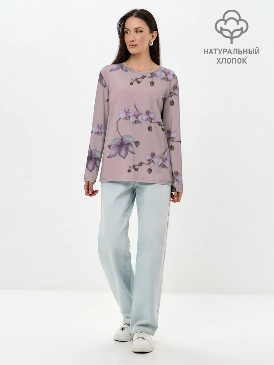 Лонгслив женский. Хлопок / Розовые орхидеи на розовом фоне