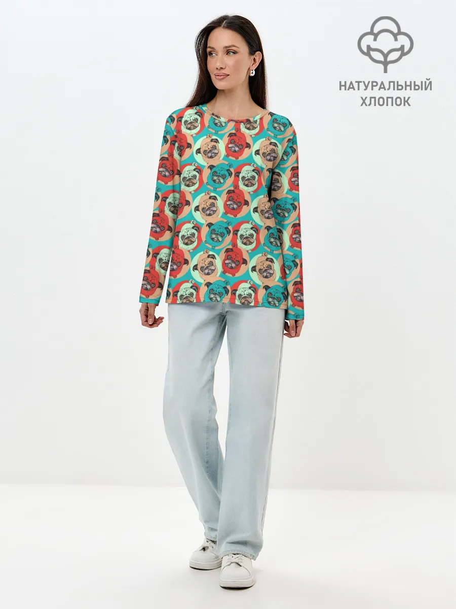 Лонгслив женский. Хлопок / Прикольные Мопсы