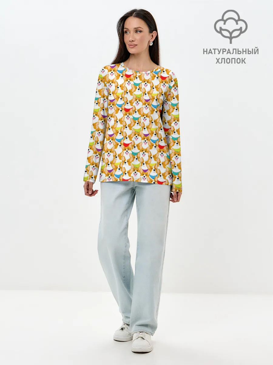 Лонгслив женский. Хлопок / Вельш-Корги Пемброк