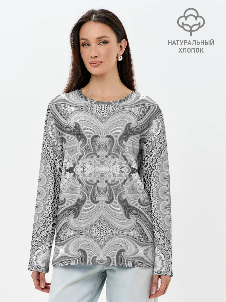 Лонгслив женский. Хлопок / Черно-белый абстрактный узор.