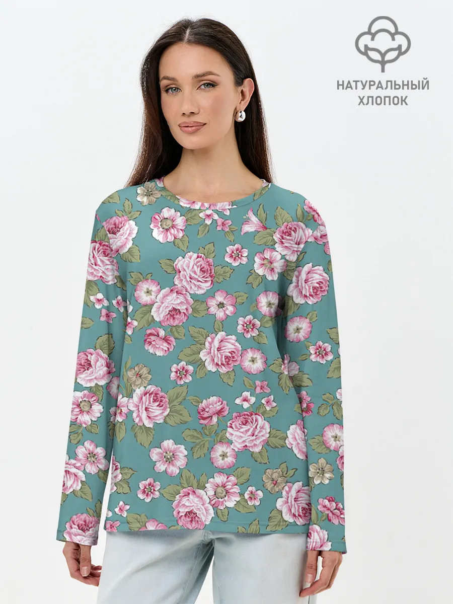 Лонгслив женский. Хлопок / Поле розовых цветов