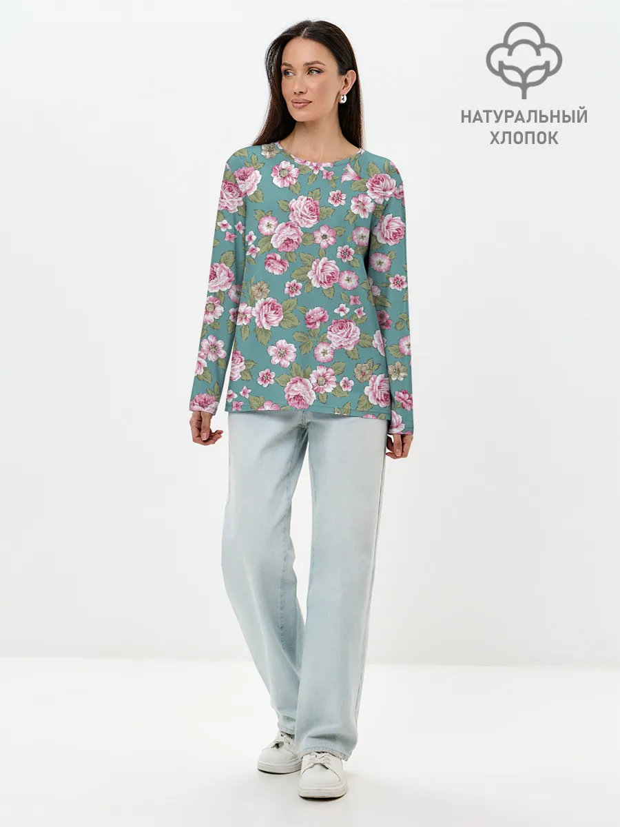 Лонгслив женский. Хлопок / Поле розовых цветов