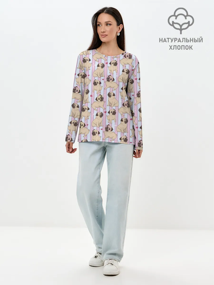 Лонгслив женский. Хлопок / Забавные Мопсы