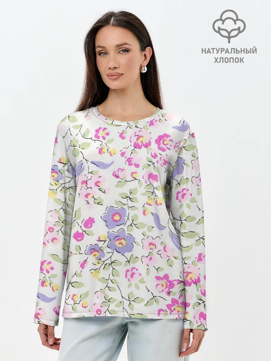 Лонгслив женский. Хлопок / Яркие весенние цветы
