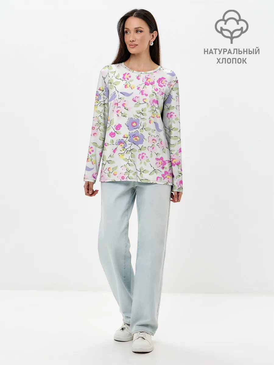 Лонгслив женский. Хлопок / Яркие весенние цветы