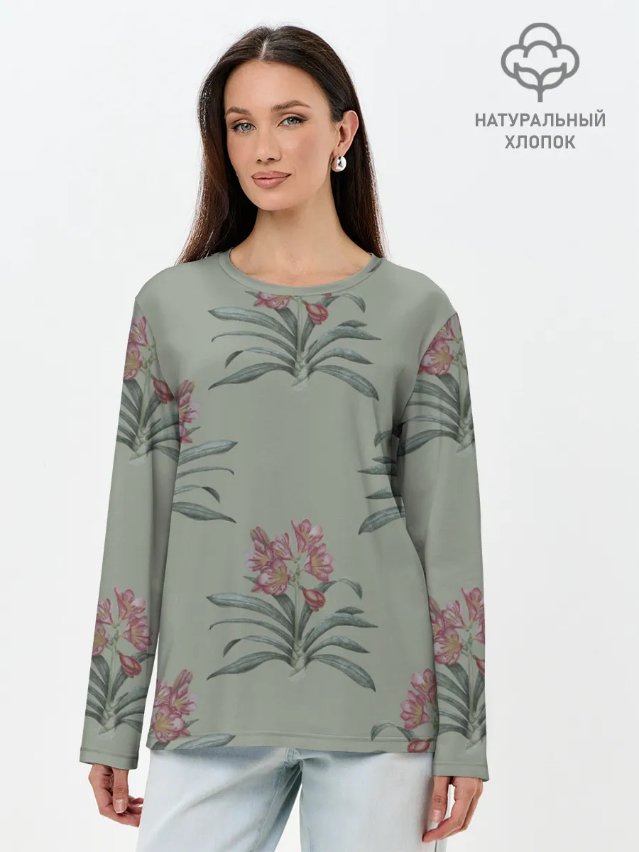 Лонгслив женский. Хлопок / Цветы кливии