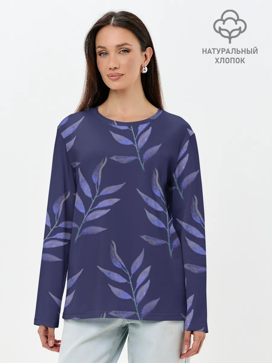 Лонгслив женский. Хлопок / Листья на темно синем фоне