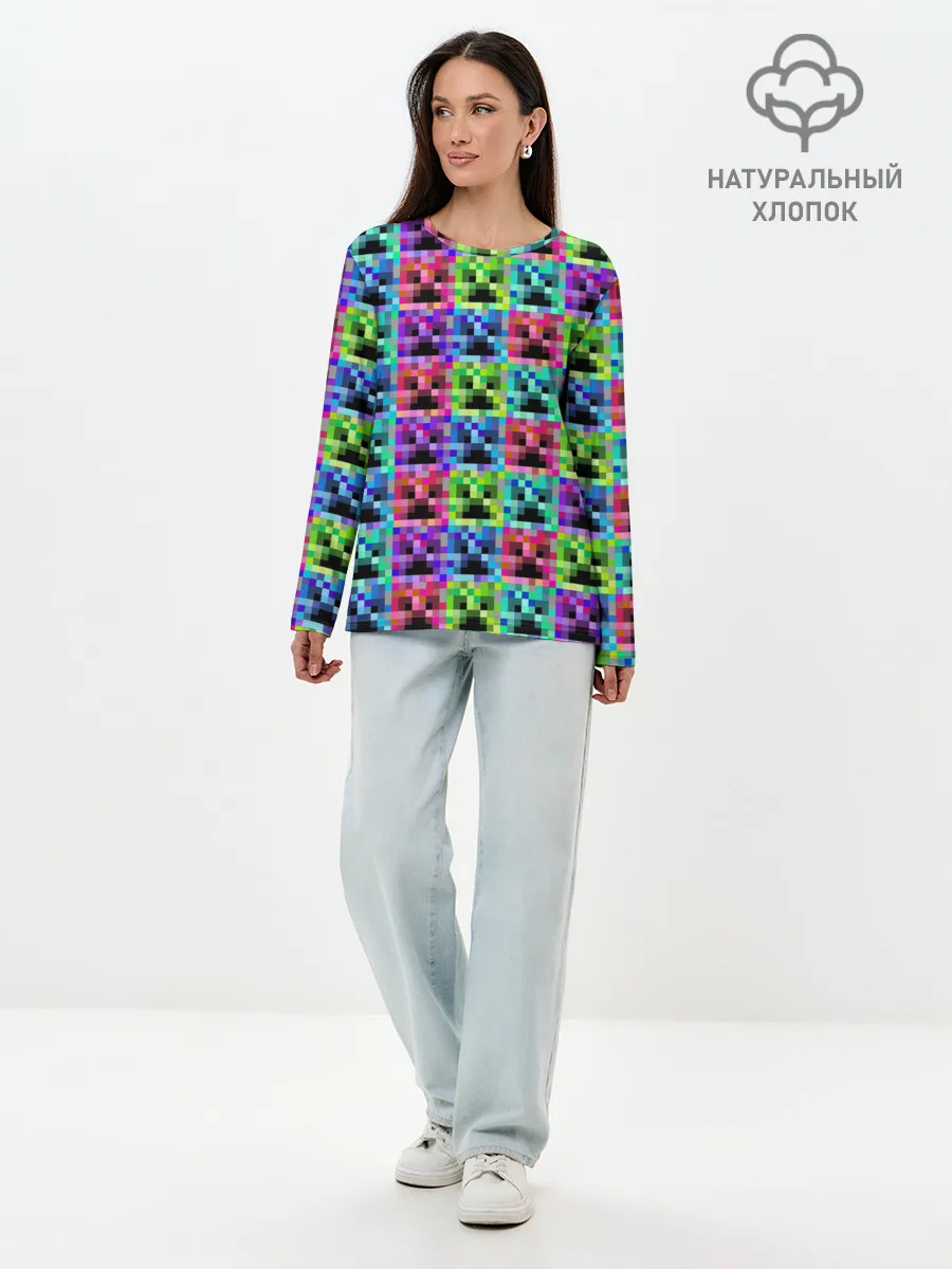 Лонгслив женский. Хлопок / МАЙНКРАФТ / MINECRAFT ЦВЕТНЫЕ КРИПЕРЫ
