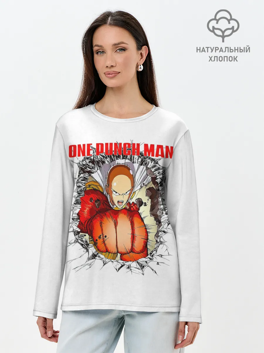 Лонгслив женский. Хлопок / Удар сквозь стену One Punch-Man