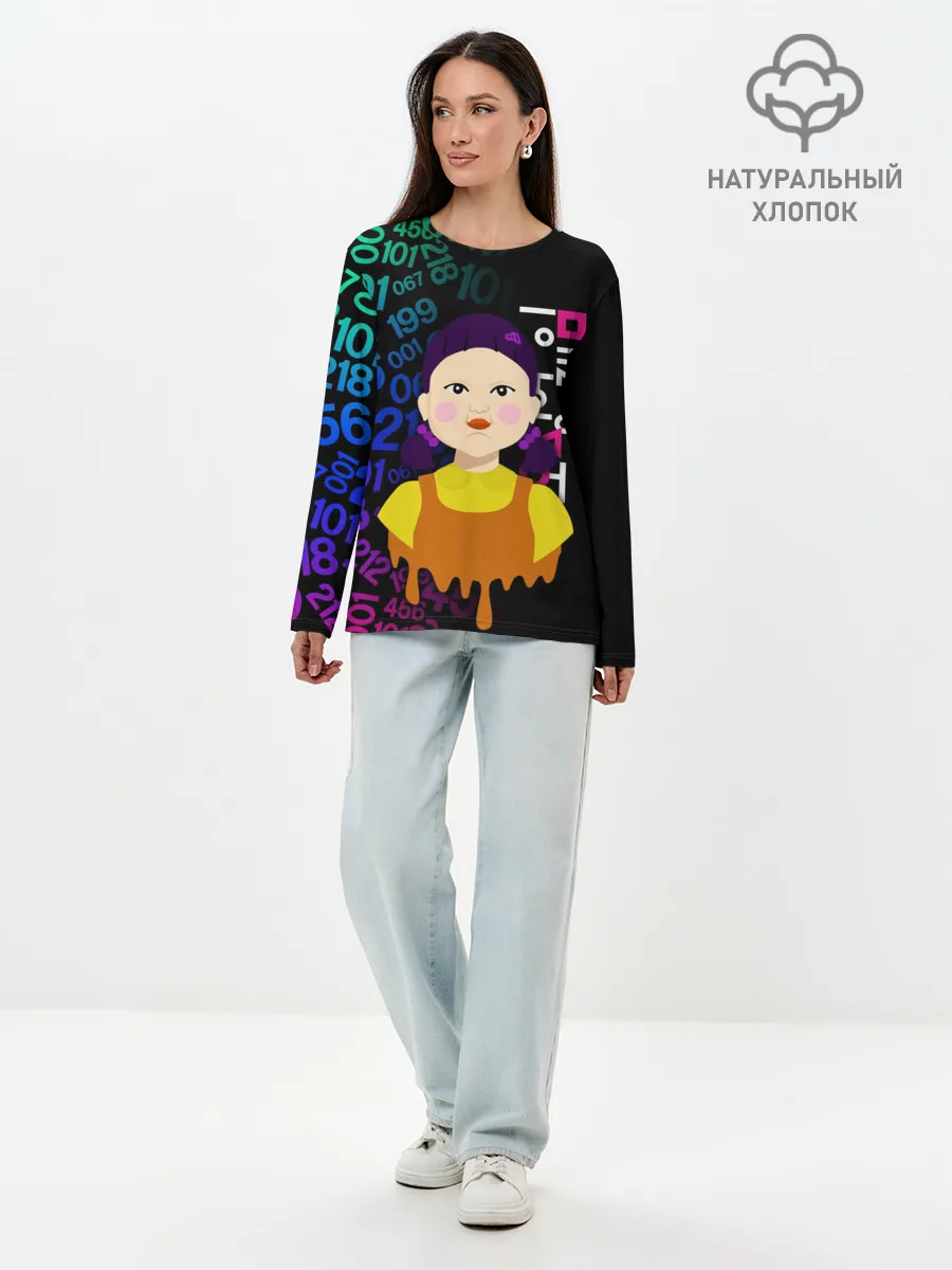 Лонгслив женский. Хлопок / ИГРА В КАЛЬМАРА / SQUID GAME / КУКЛА / УЗОР