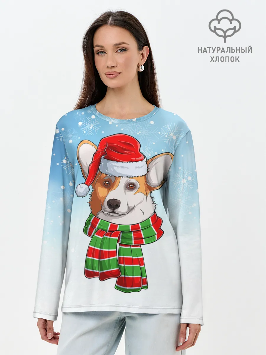 Лонгслив женский. Хлопок / Новогодний Корги / New Years Corgi