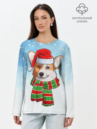 Лонгслив женский. Хлопок / Новогодний Корги / New Years Corgi