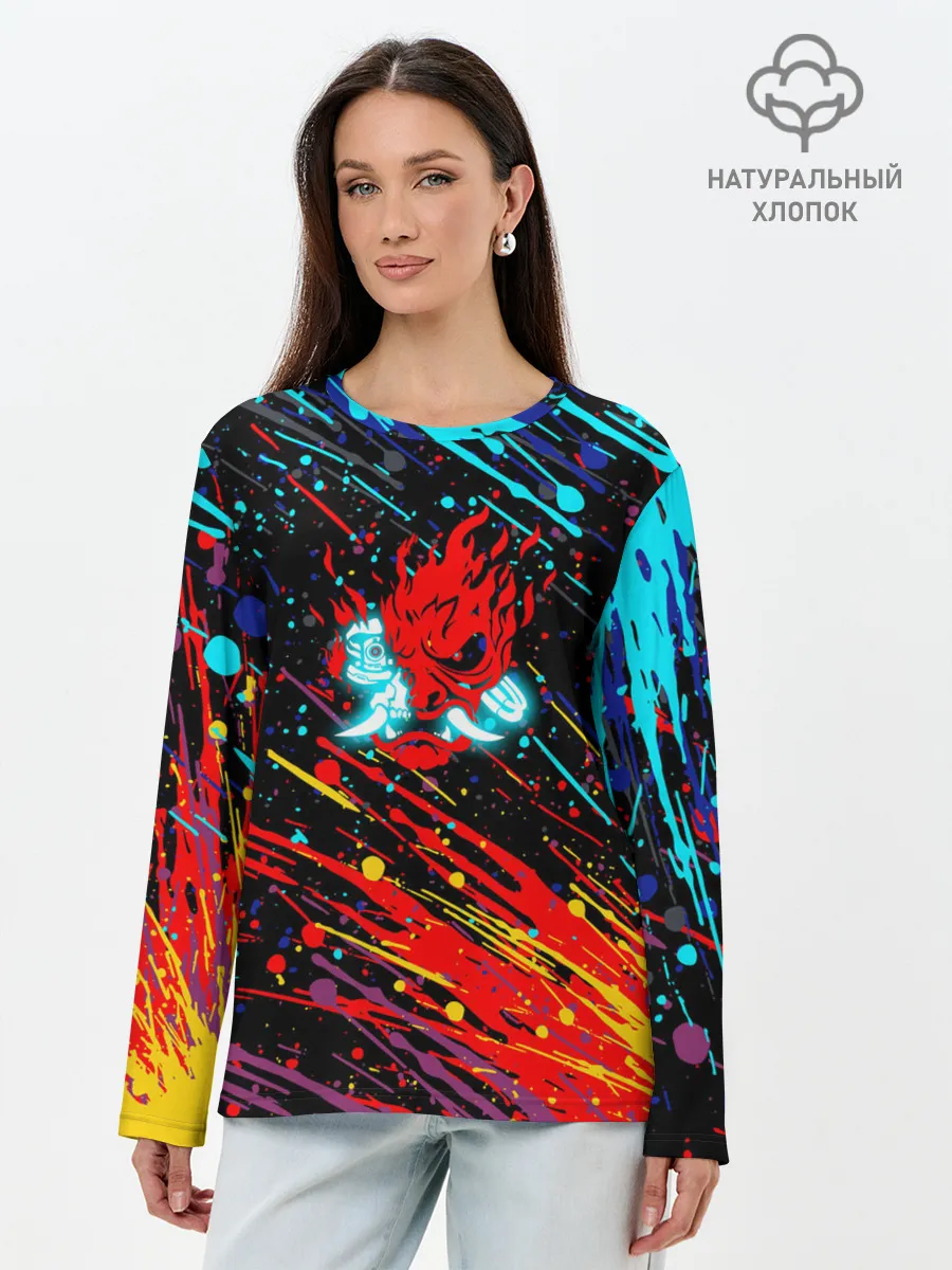 Лонгслив женский. Хлопок / Cyberpunk 2077 Цветные брызги.